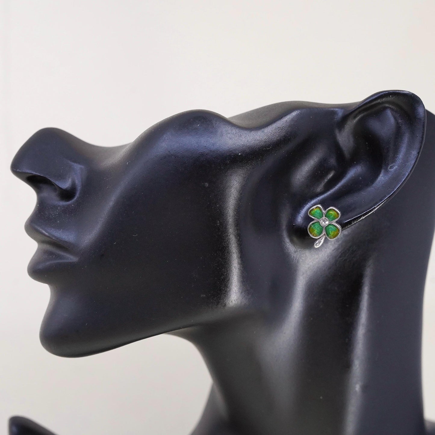 Vintage Sterling silver handmade earrings, 925 enamel lucky clover studs w/ cz