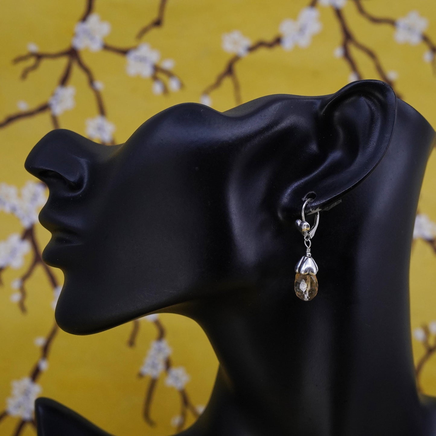 Vintage designer sterling 925 silver handmade heart earrings teardrop citrine