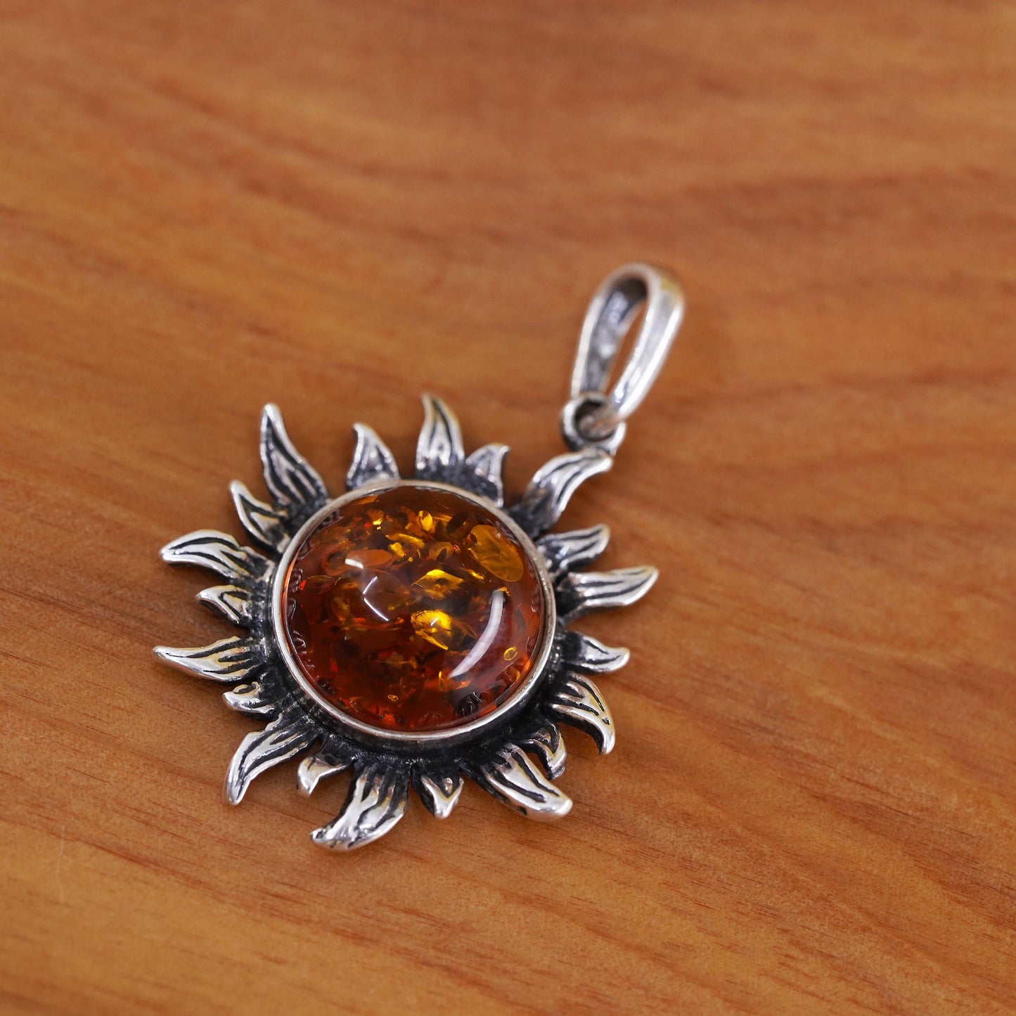 Vintage Sterling 925 silver handmade Sun pendant with Amber