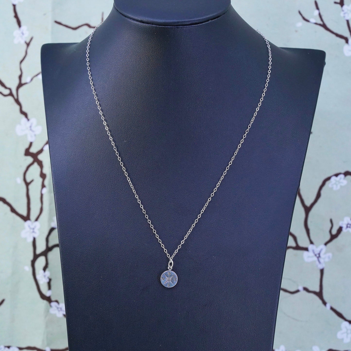 18”, sterling silver necklace, 925 flatten circle chain with compass pendant