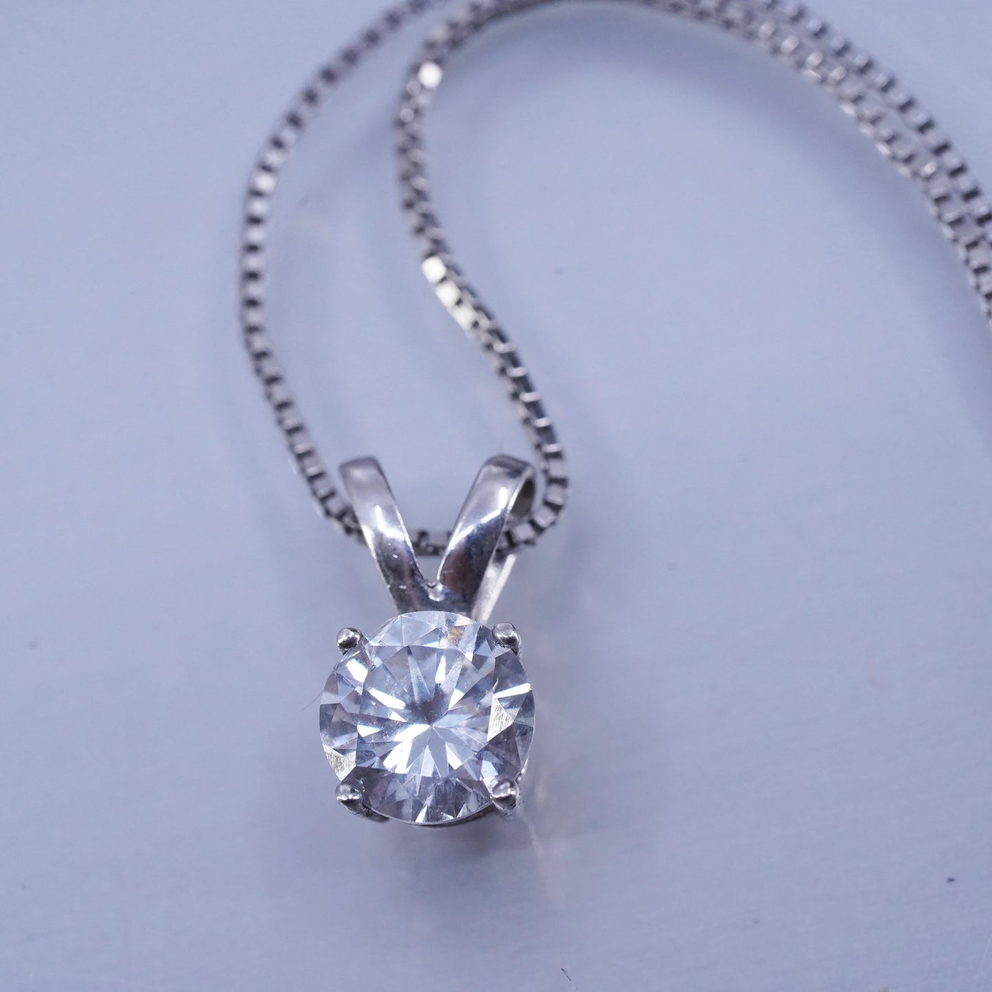 17+2” 1mm, vintage Sterling 925 silver box chain necklace with cz pendant