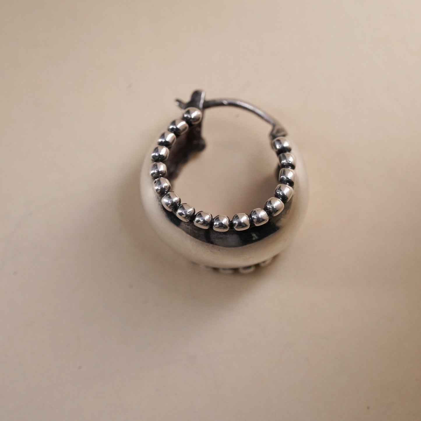 0.5”, Vintage sterling silver single earring, 925 huggie hoop with beads