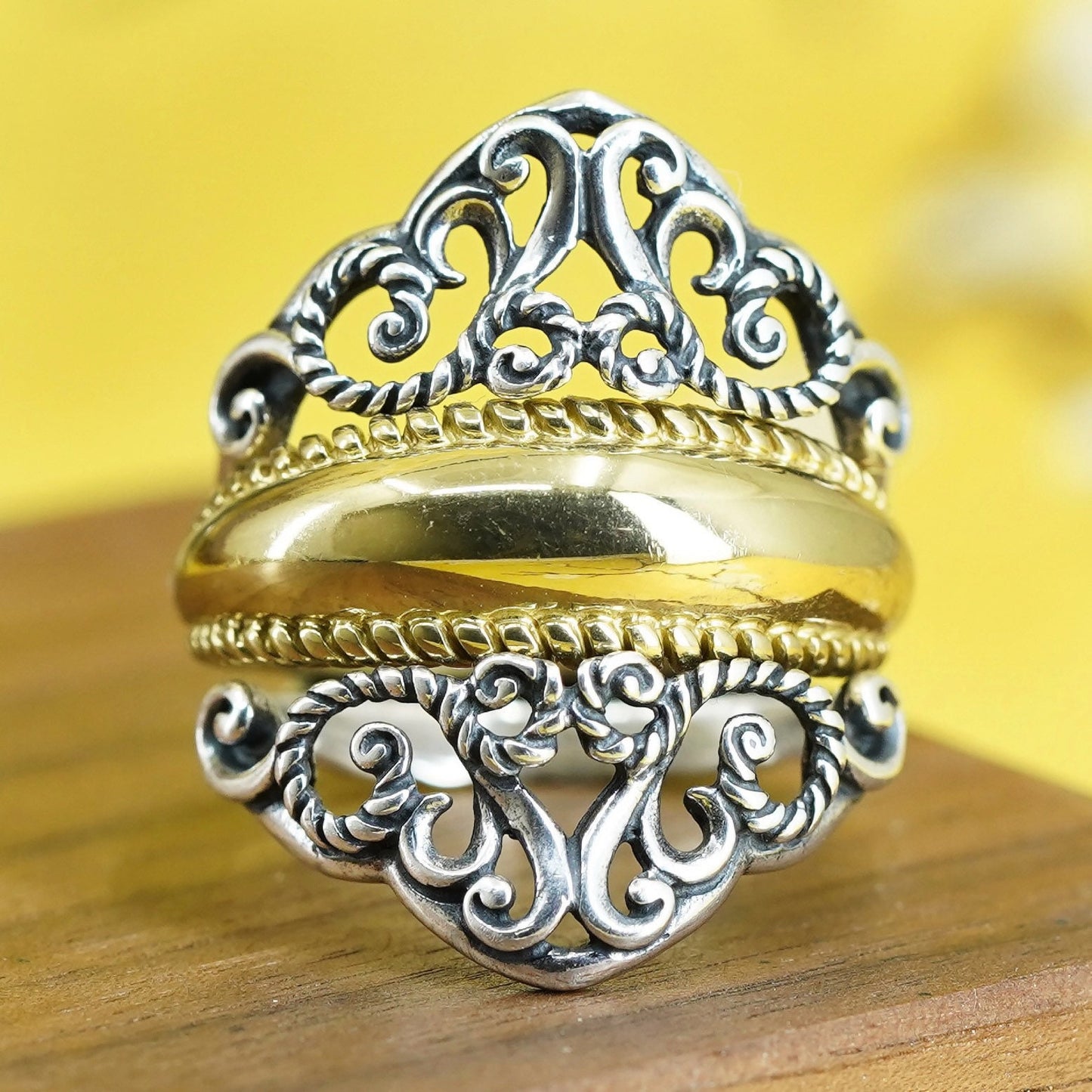 Size 10, VTG SW Carolyn Pollack Two Tone Brass Sterling Silver filigree Ring