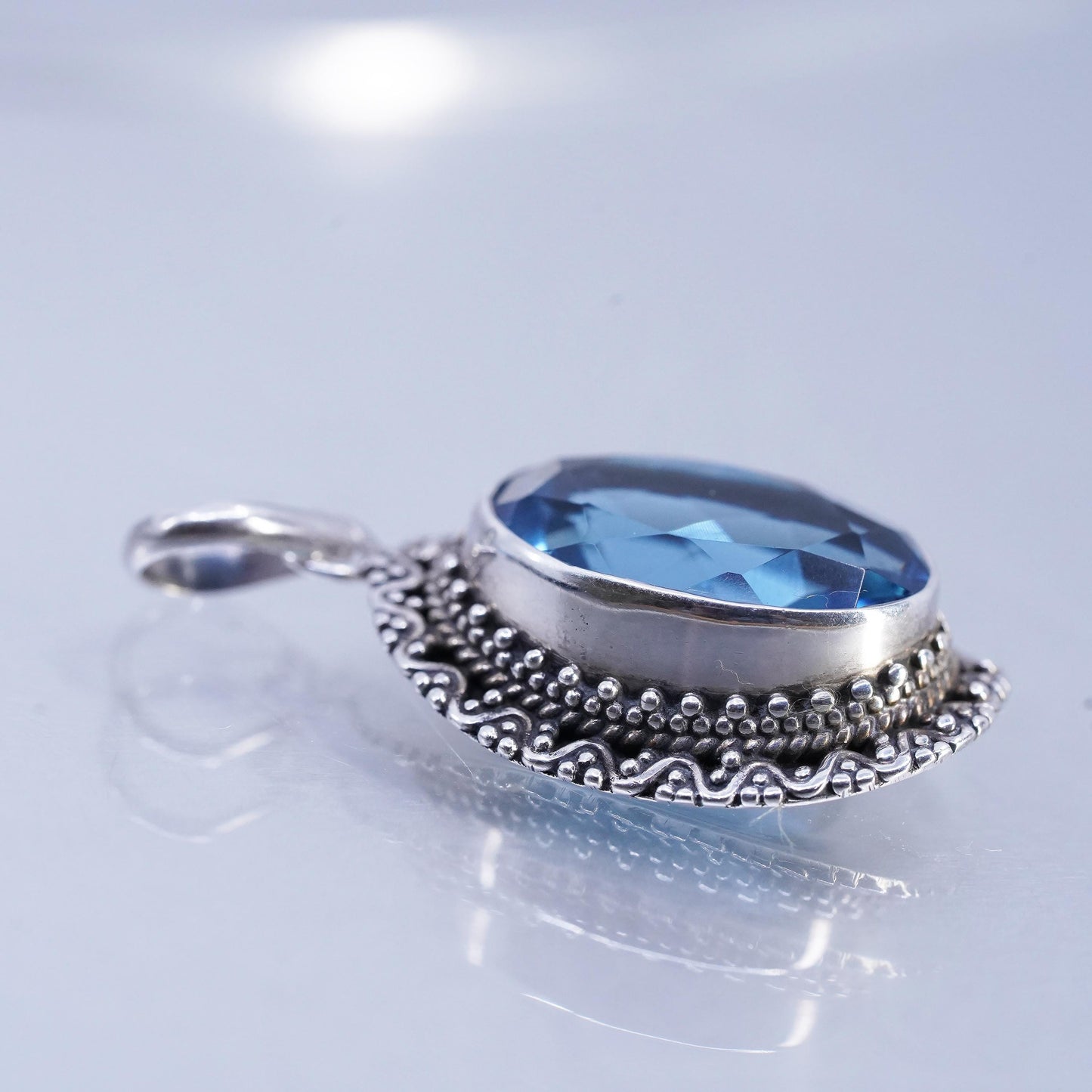 Sterling 925 Silver Blue Topaz Pendant, Oval Faceted Jewelry, Ornate Filigree