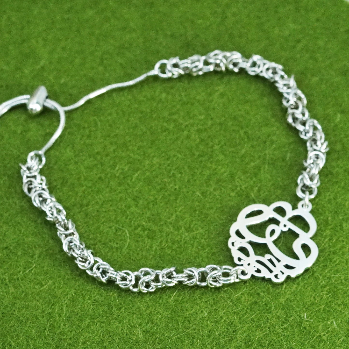 sterling silver birdcage Byzantine chain, 925 bracelet monogram “REB” tag charm