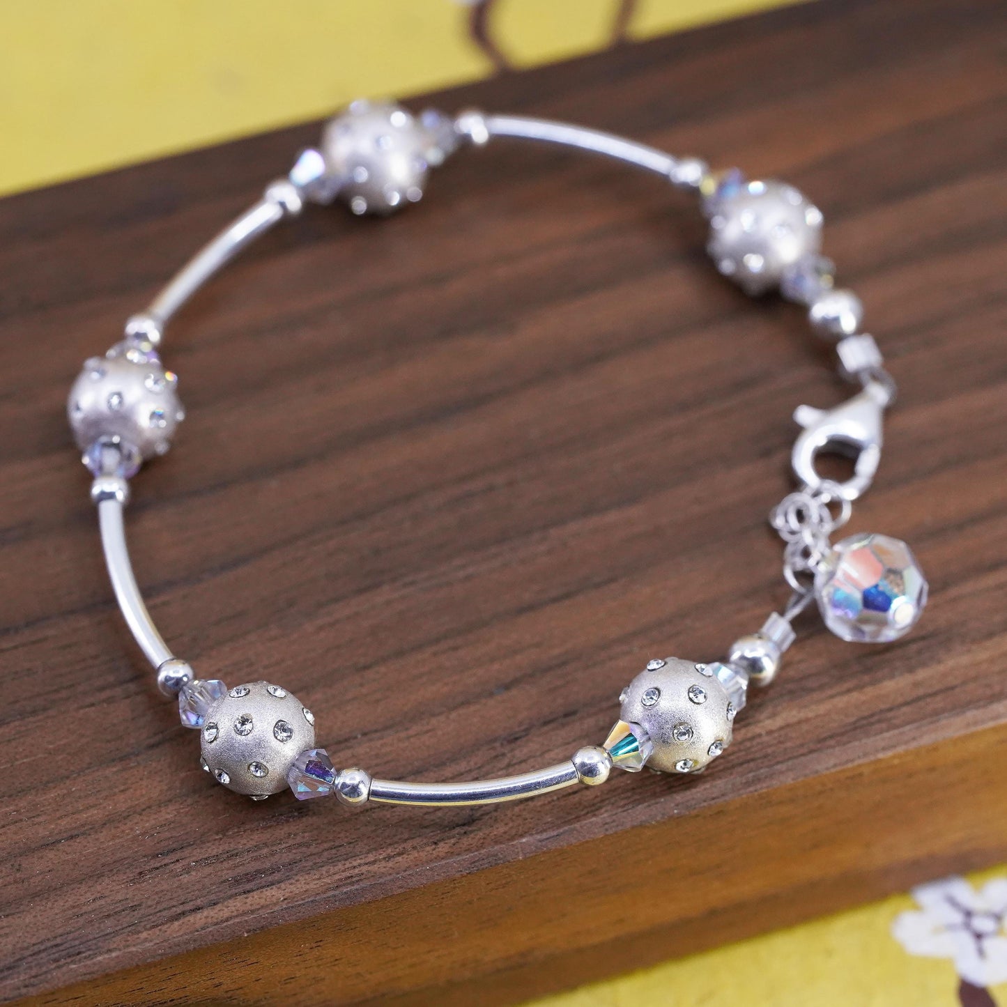 6.5”, Sterling silver beads bracelet, 925 bar chain with pearl crystal beads