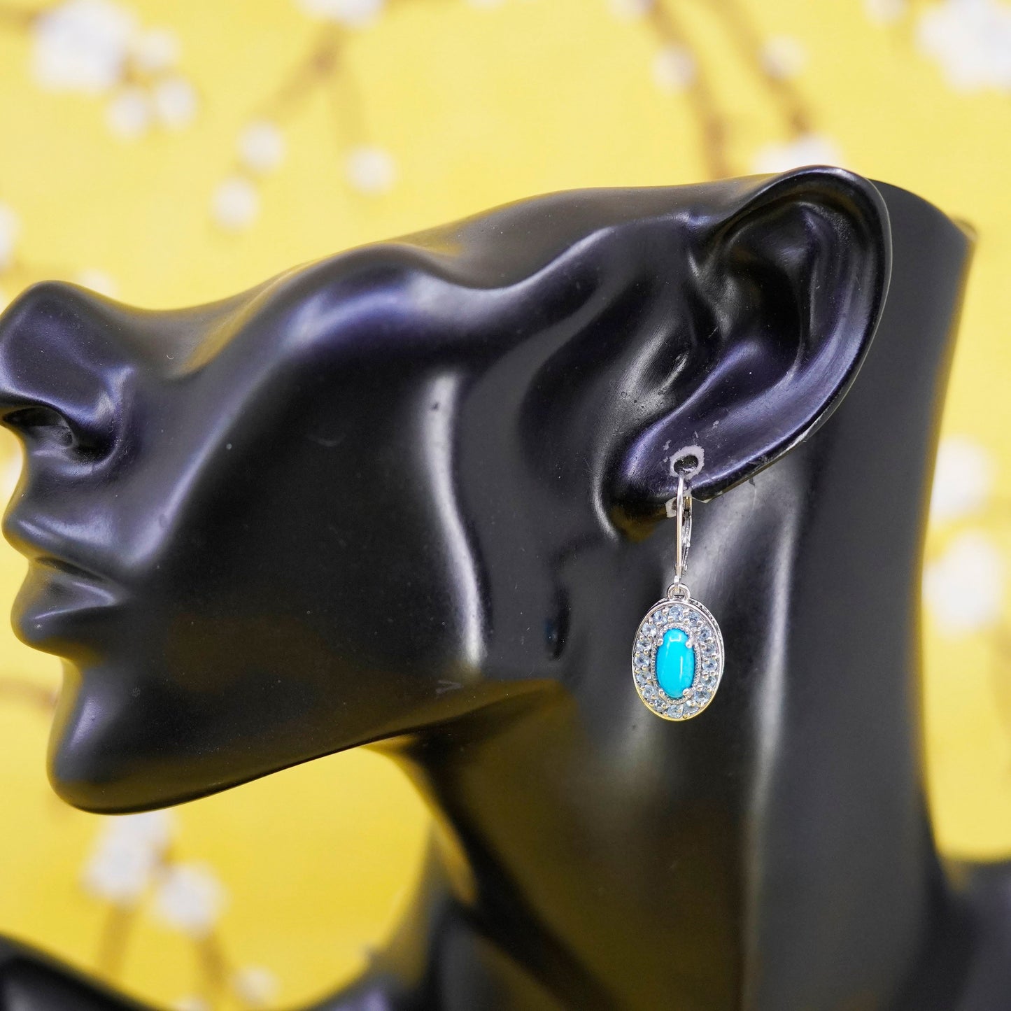 Vintage Sterling 925 silver handmade oval earrings with turquoise and blue cz
