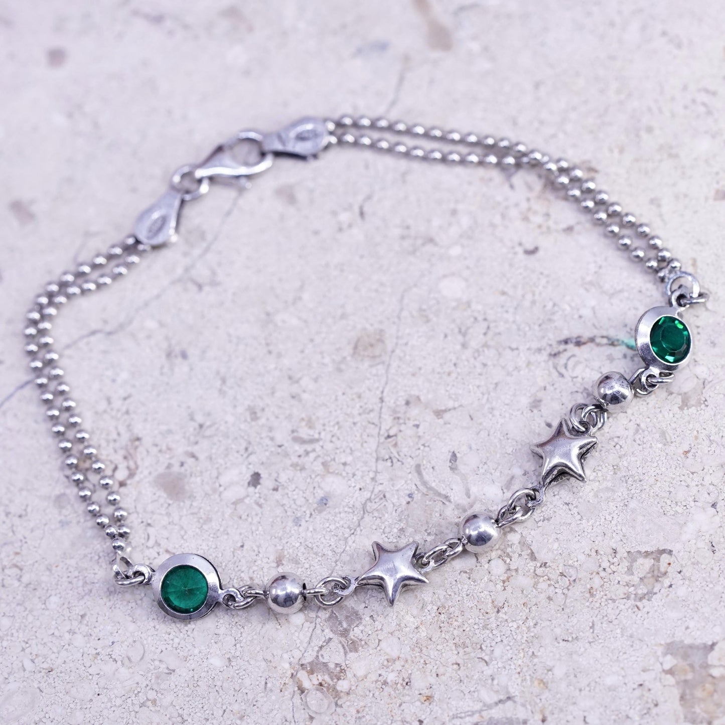 7", vintage sterling silver handmade bracelet, 925 bead chain with star charms