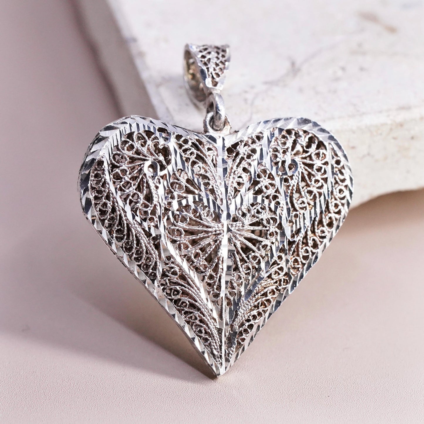 Vintage Sterling silver handmade pendant, 925 puffy filigree heart