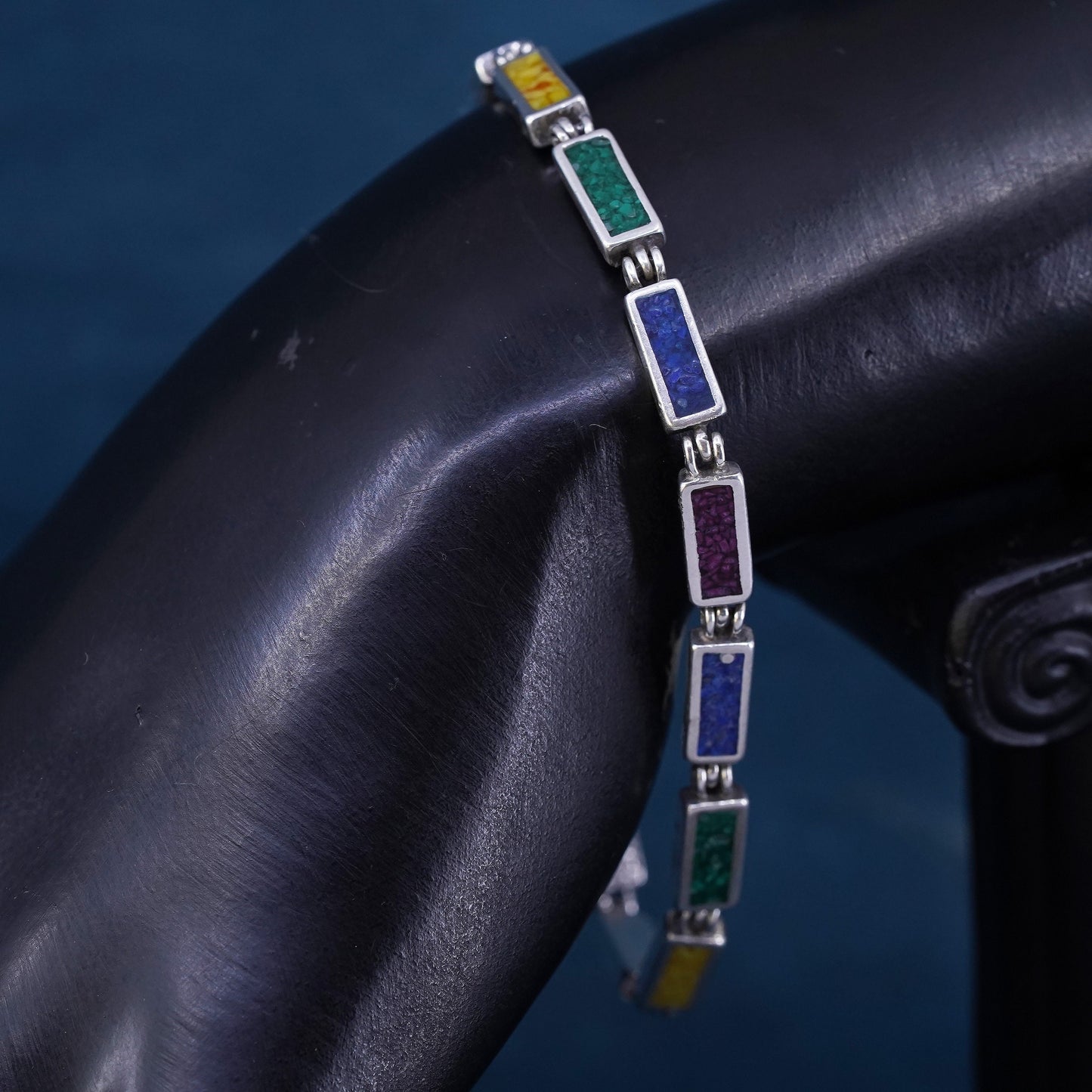 7.5”, Mexico Sterling 925 silver handmade tennis bracelet colorful turquoise