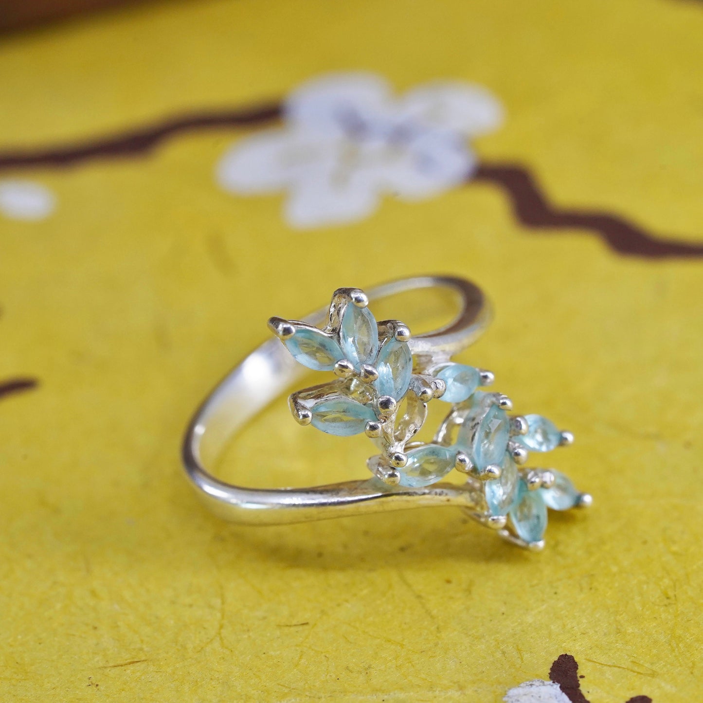 Size 7, Vintage Sterling silver handmade ring, blue crystal flower, 925 band