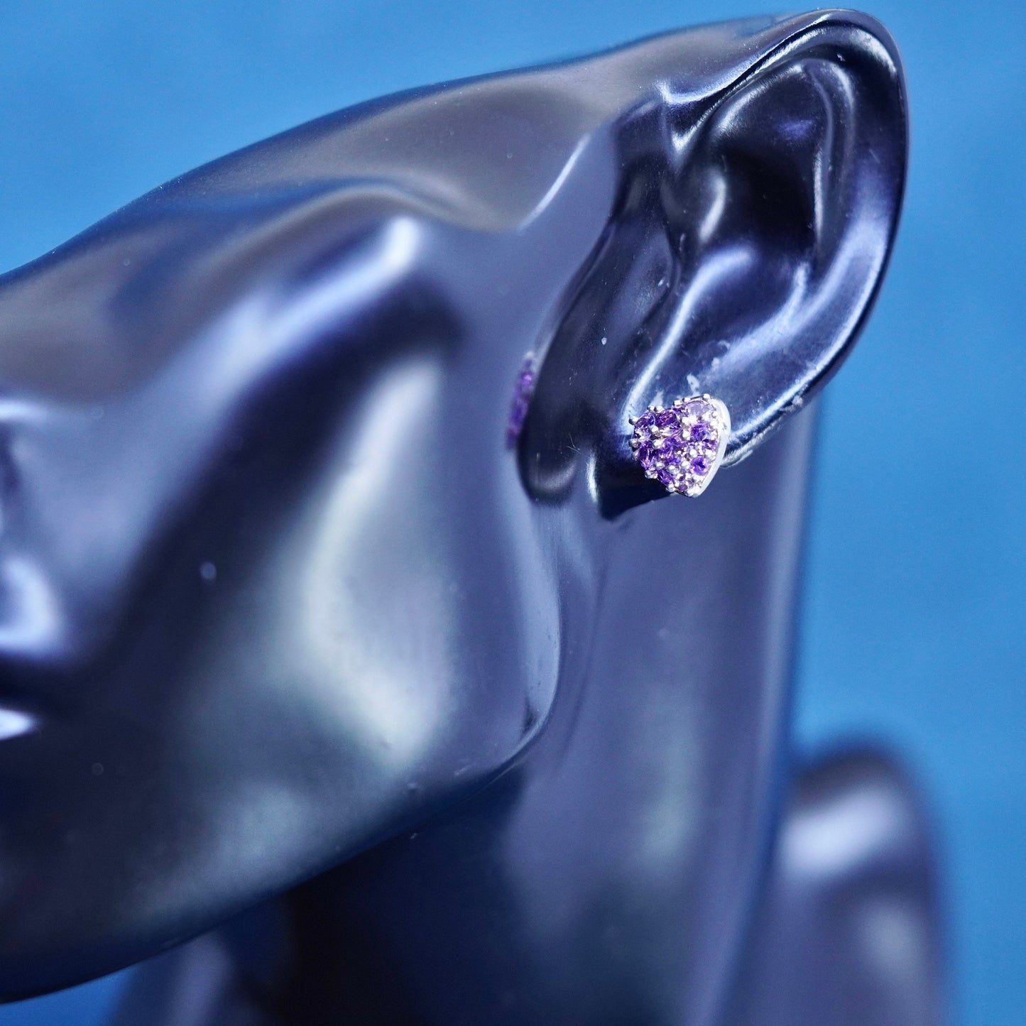 Vintage Sterling silver handmade earrings, 925 heart studs w/ cluster amethyst