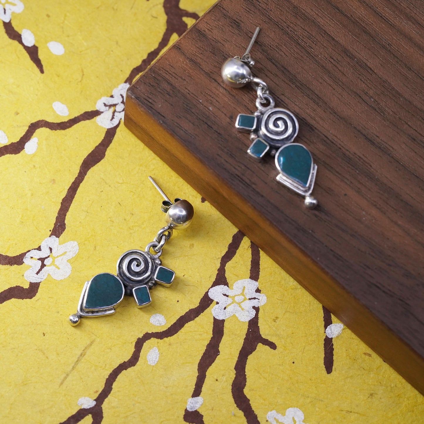 Peruvian Sterling silver spiral earrings, Inca chakra 950 teardrop dangles