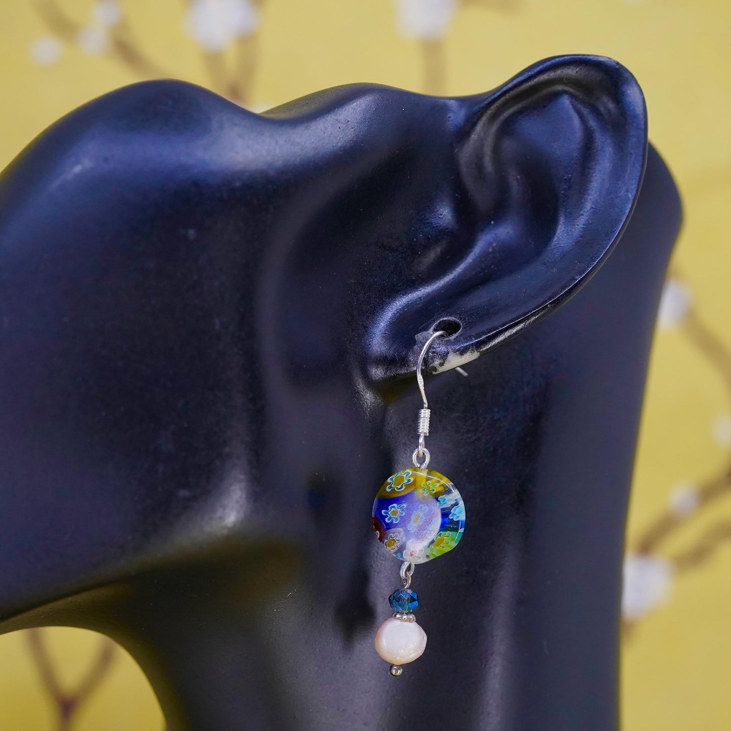 Vintage Italian sterling silver 925 handmade murano glass circle earrings pearl