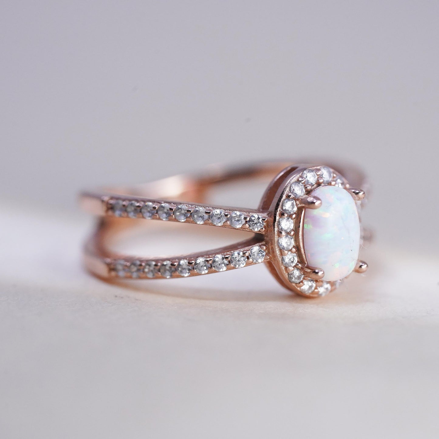 Size 4, vintage rose gold plated Sterling 925 silver ring with round opal cz