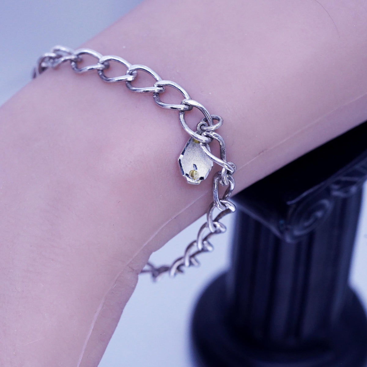 7" 7mm, Vintage Signed AJC Co 925 Sterling Silver Curb Link Charm Bracelet
