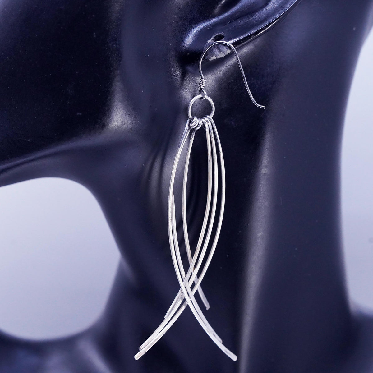 Vintage Sterling Silver 925 Long Dangle Earrings Multi Strand Curved Wire Drops