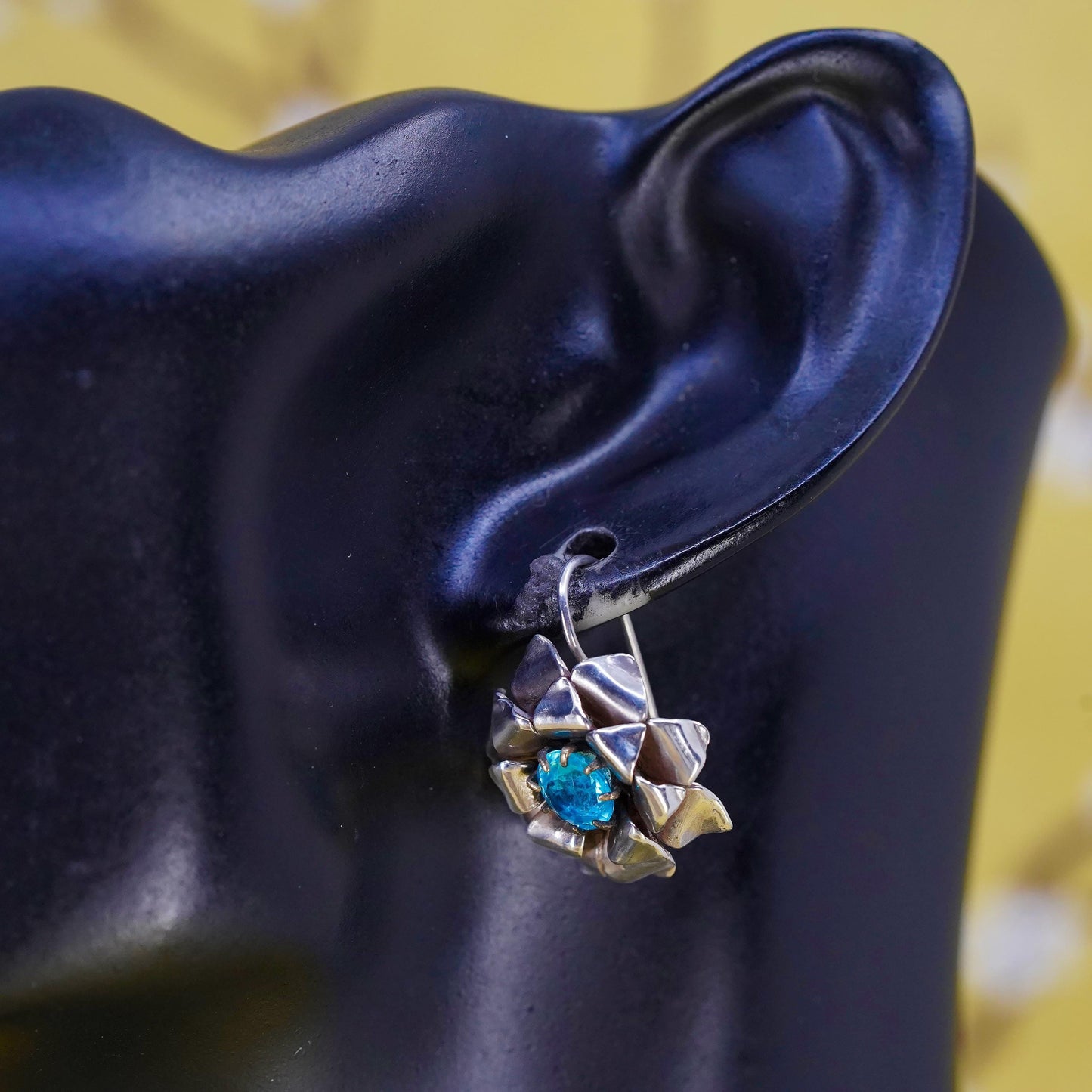 Vintage H. OKEY Sterling silver earrings, 925 flower dangles blue rhinestones