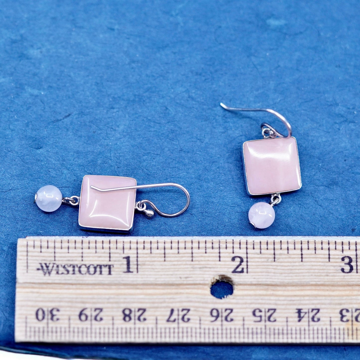 Vintage Sterling 925 silver handmade earrings with square pink quartz Dangles