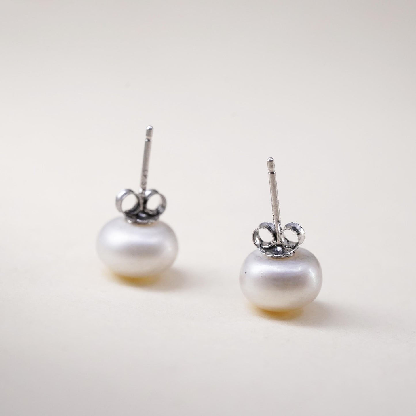 8mm, Vintage sterling silver handmade earrings, 925 studs with freshwater pearl