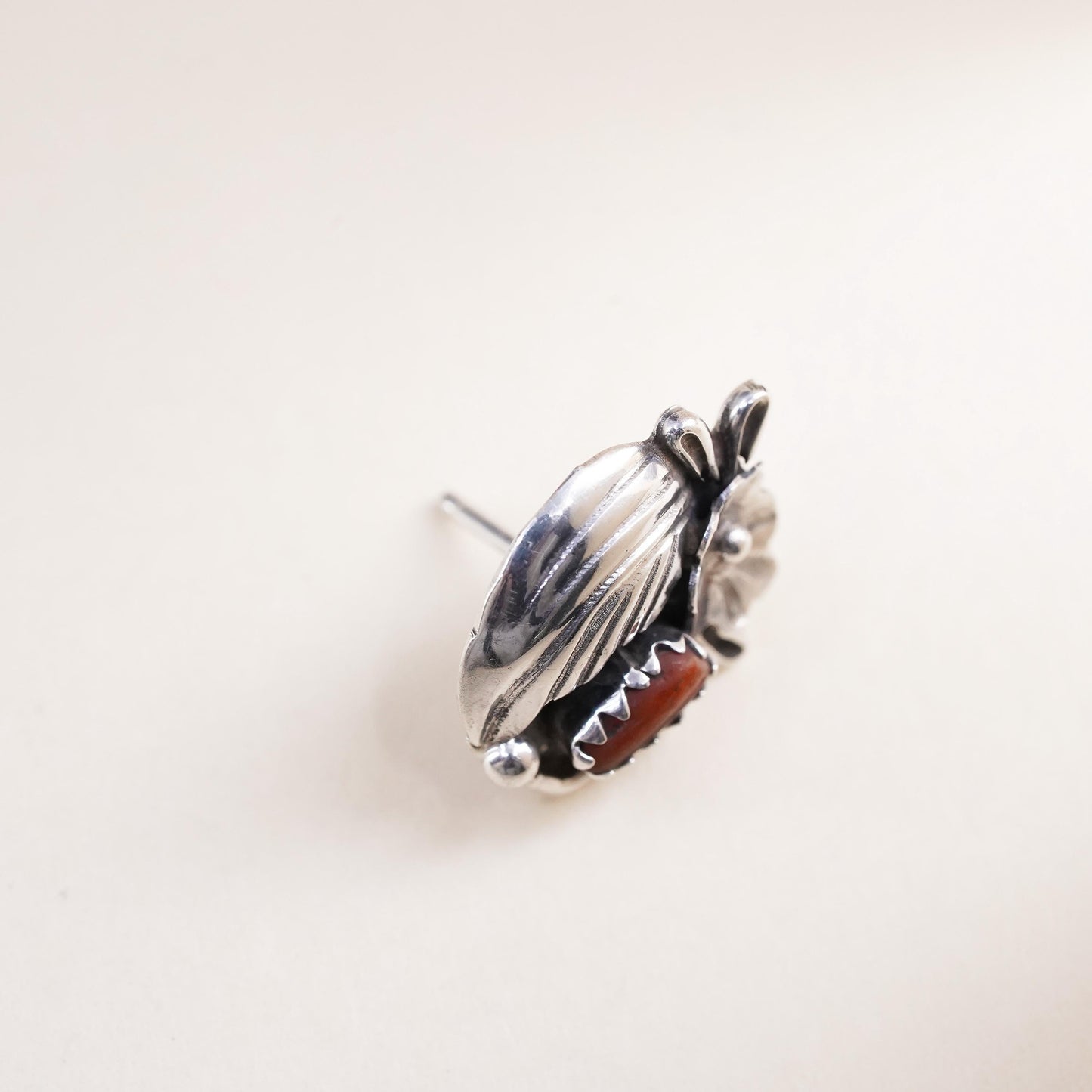 Native American Navajo handmade single earring. Sterling 925 silver stud coral