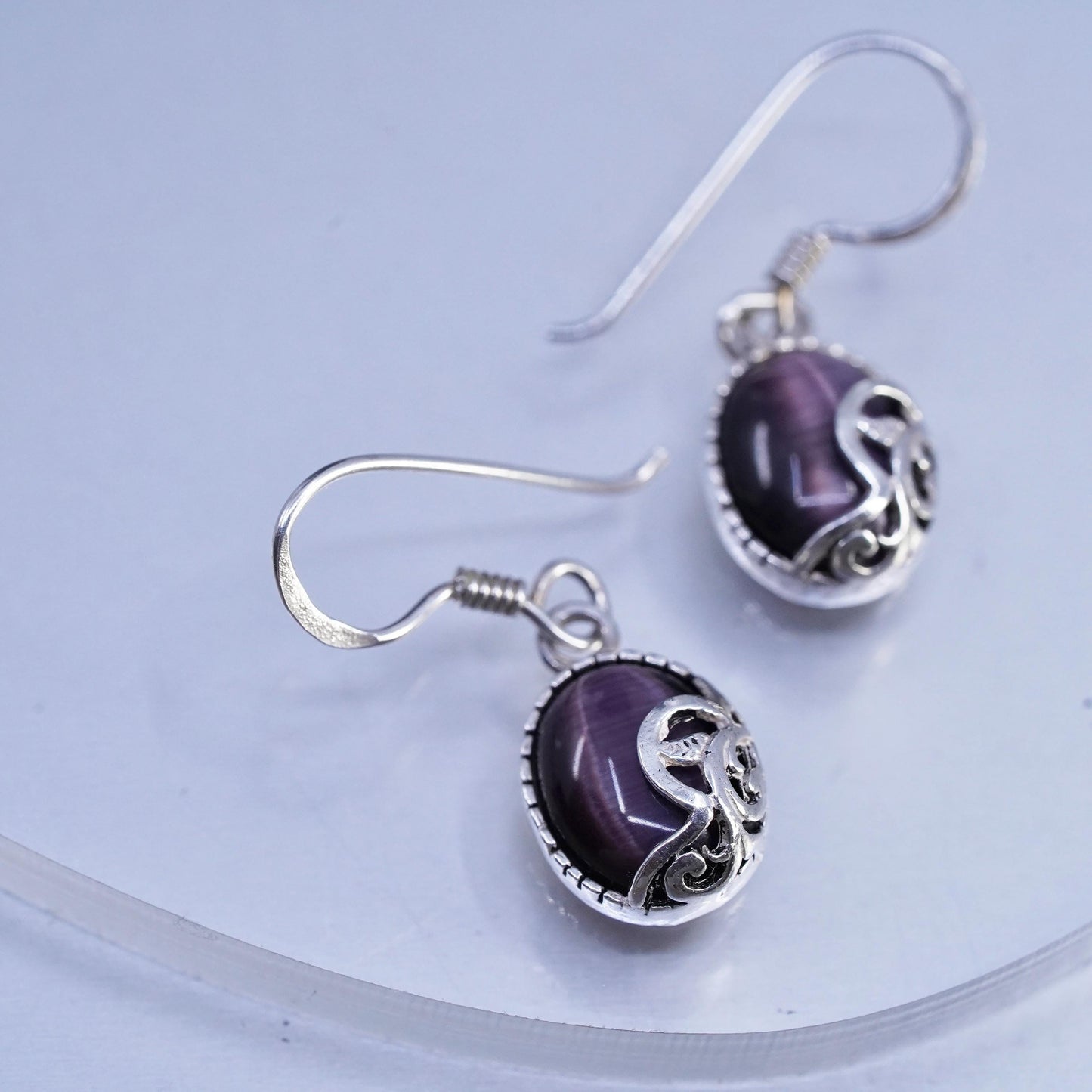 Vintage Sterling Silver Handmade Earrings, 925 Silver with purple Tiger Eye