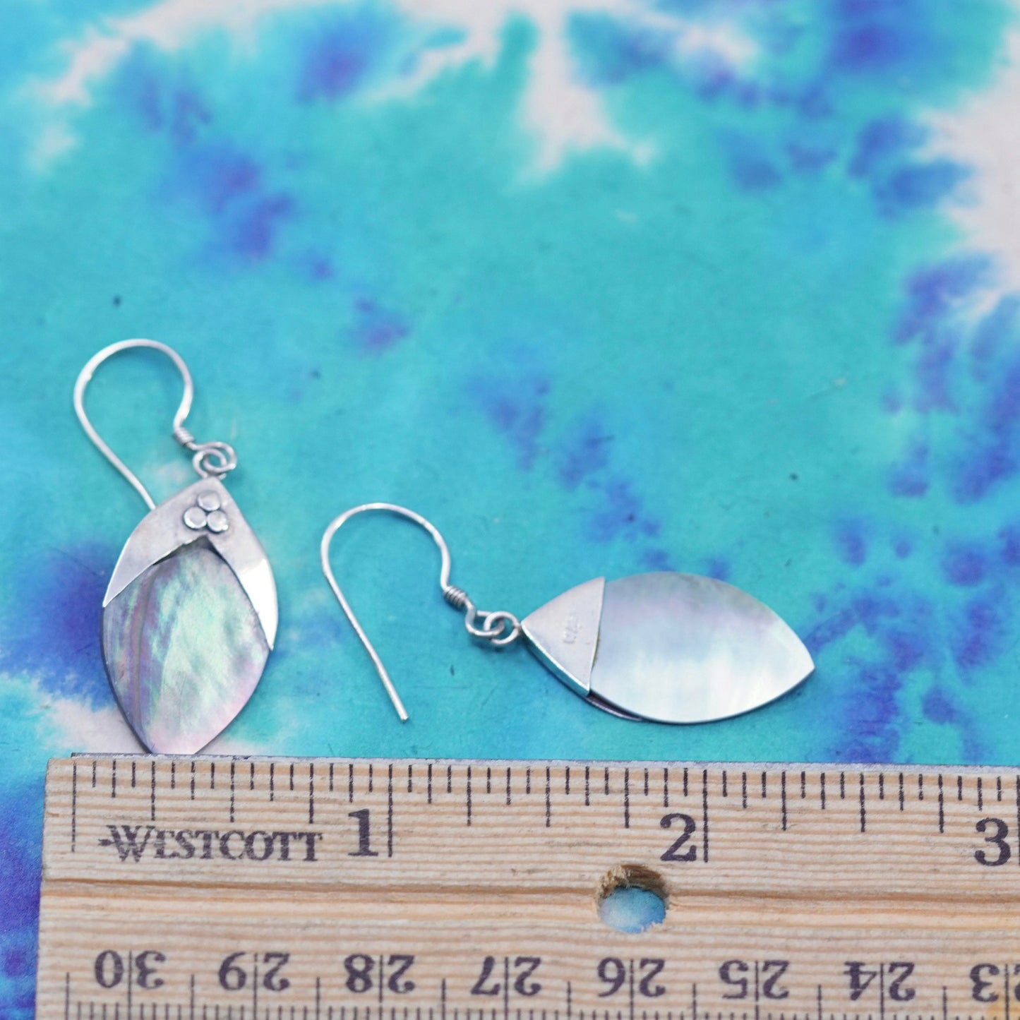 Vintage Sterling 925 silver handmade earrings with Marquise shaped abalone