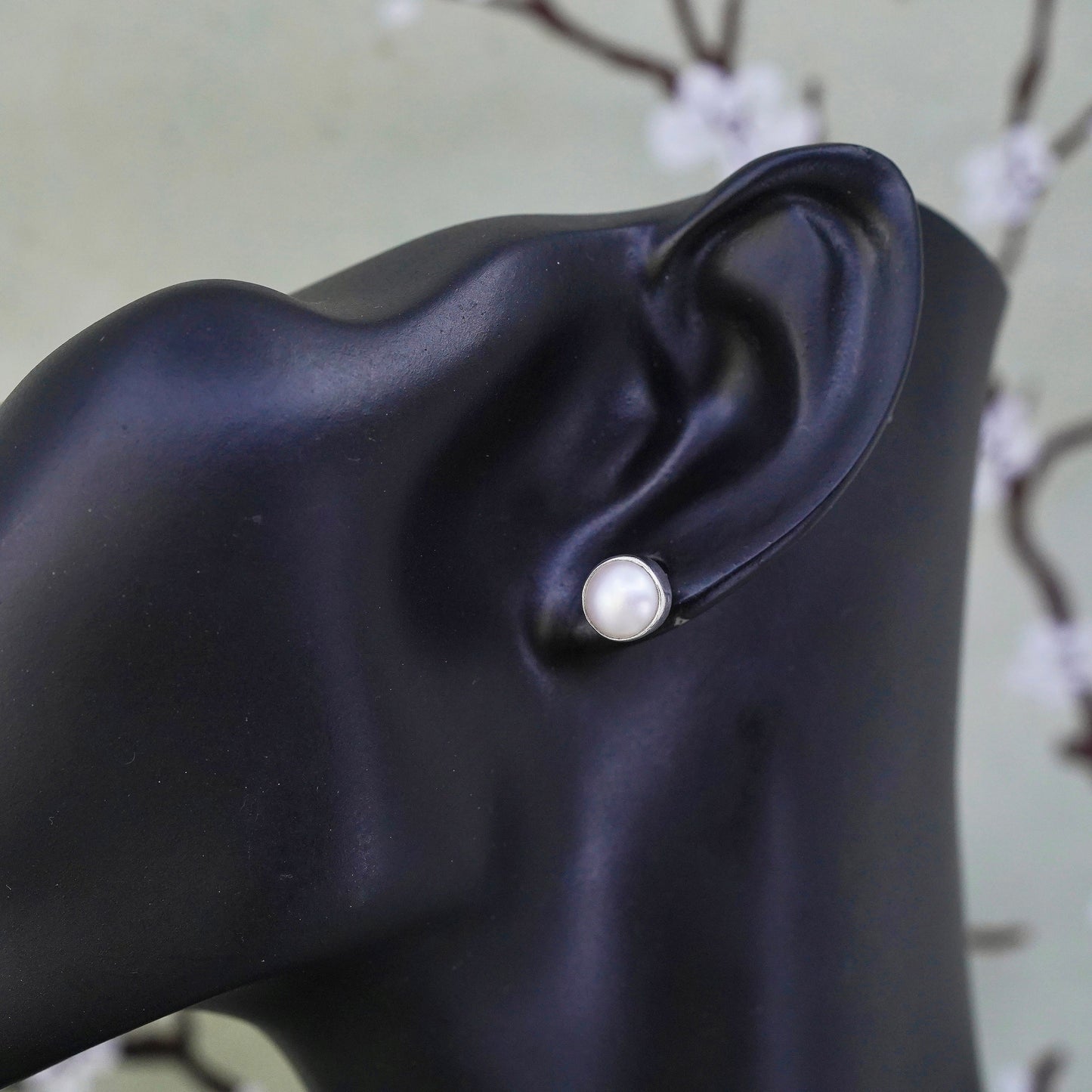 Vintage Sterling silver handmade earrings, 925 flower studs with pearl