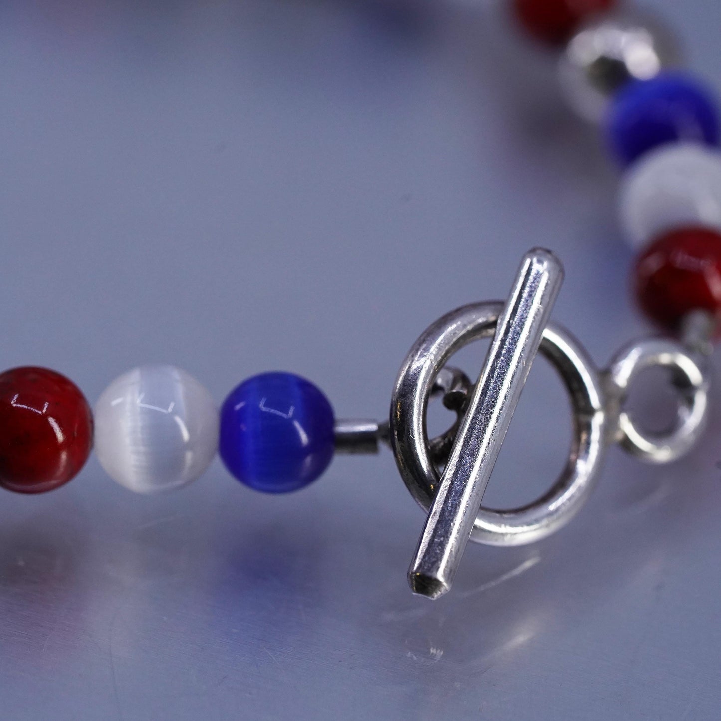 7", Sterling 925 silver bracelet cube letter "Go Warrior", cat eye beads charm
