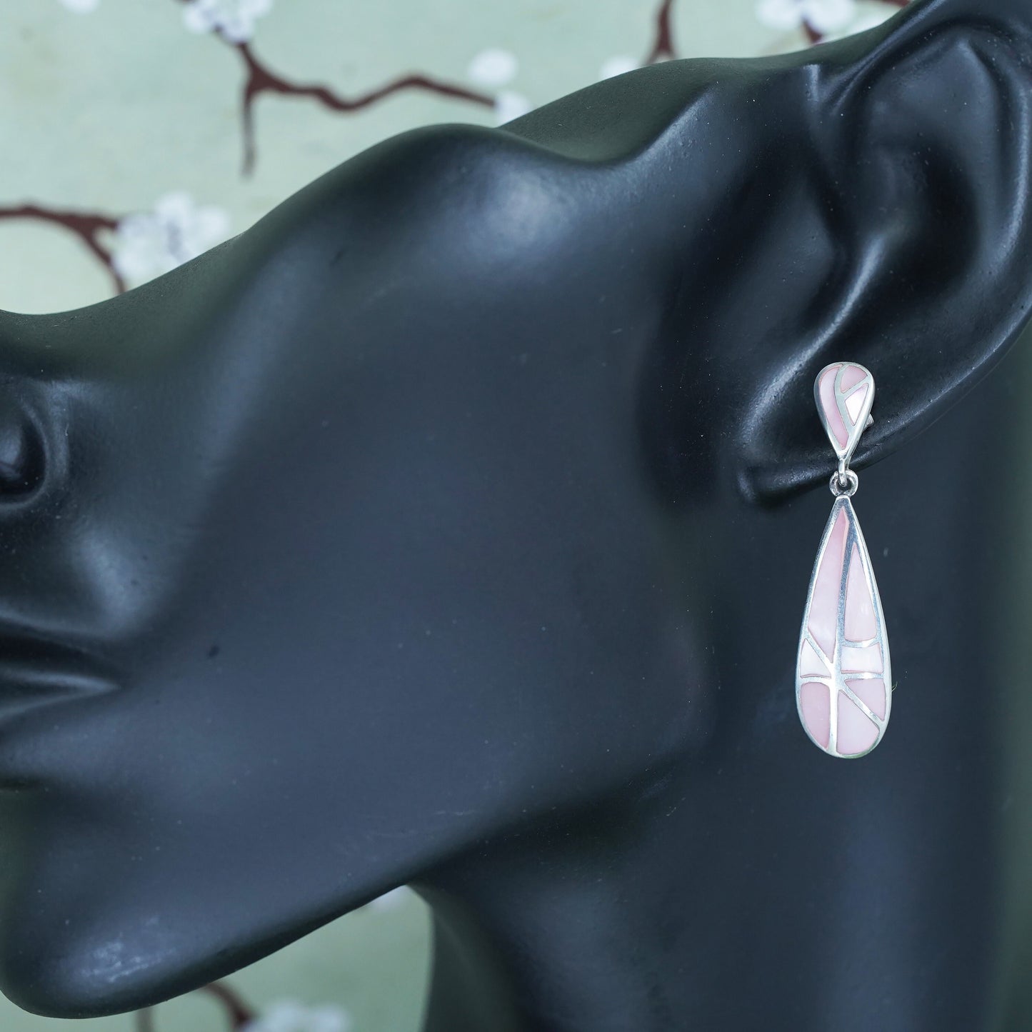 sterling 925 silver handlade teardrop earrings with pink mother of pearl inlay