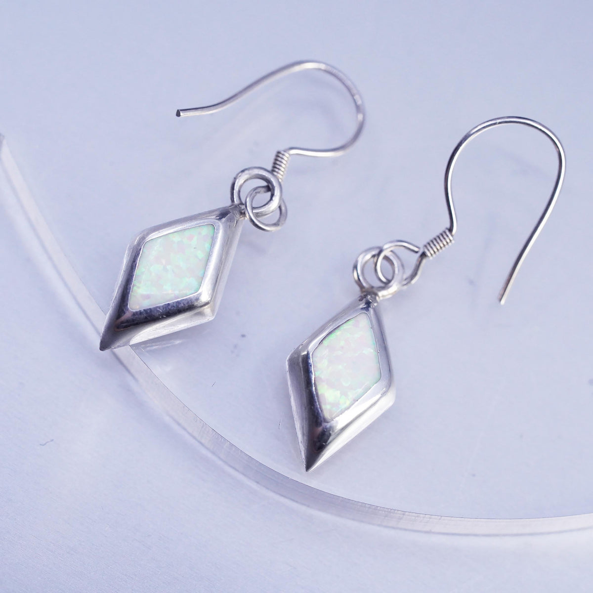 Vintage Sterling Silver Diamond shaped Earrings, 950 Silver Dangle Opal inlay