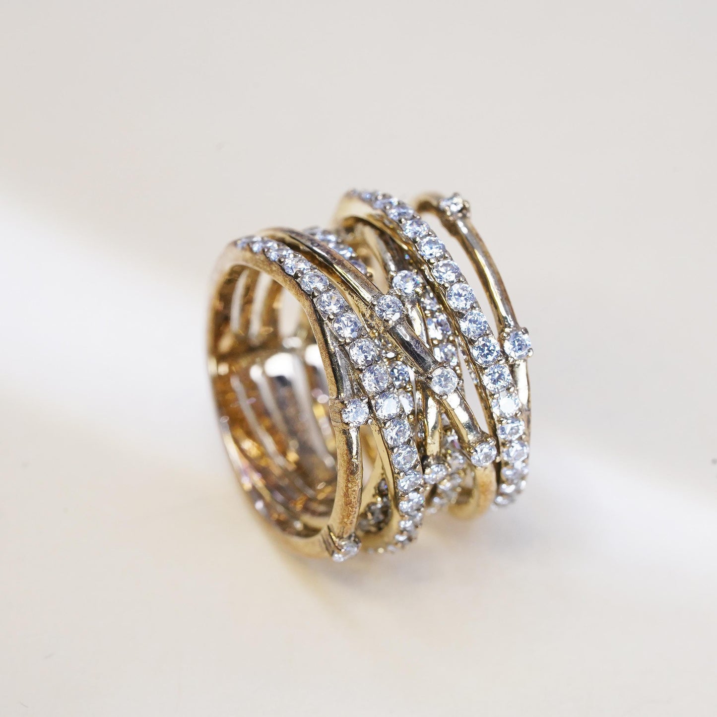 Size 6, VTG gold vermeil Sterling 925 silver entwined wide ring cluster Cz