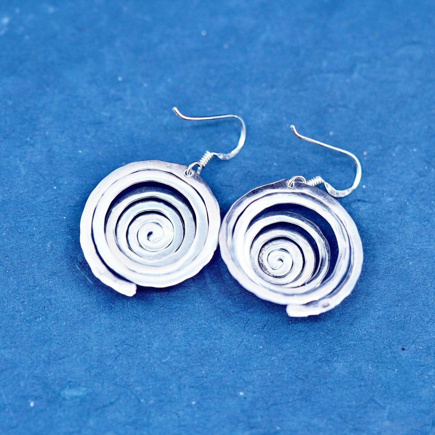 Vintage Sterling Silver handmade Earrings. Hammered 925 swirl dangles