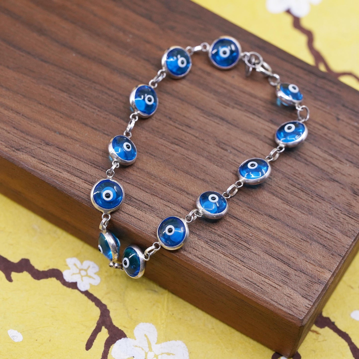 7”, vintage sterling 925 silver handmade bracelet blue evil eye bracelet
