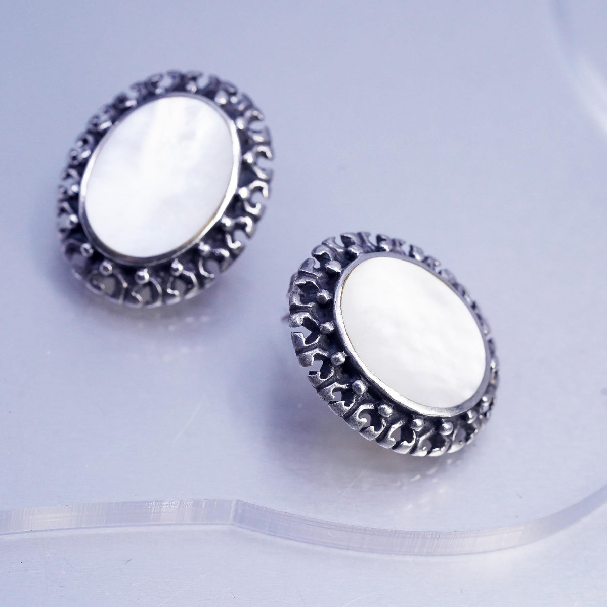 Vintage Sterling 925 silver earrings, oval beaded studs with mother of pearl