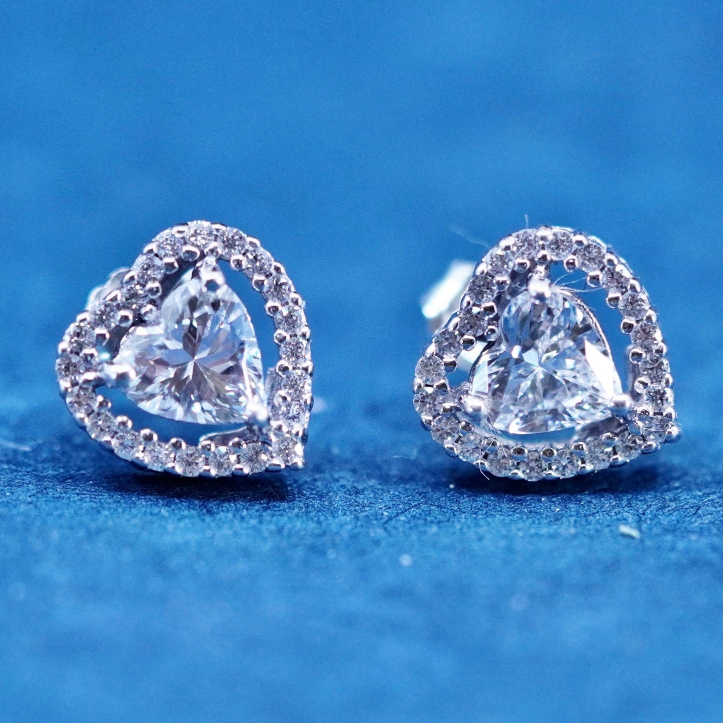 Vintage sterling silver handmade earrings, 925 heart studs with CZ inlay