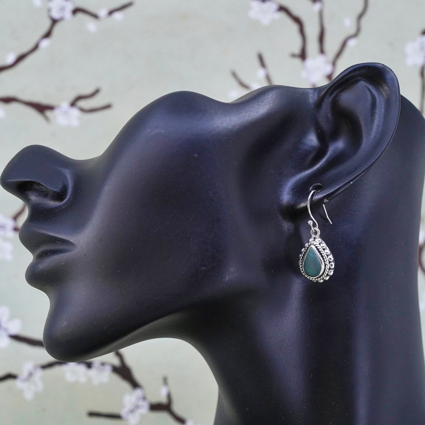 Mexican sterling 925 silver handmade earrings with teardrop malachite beads