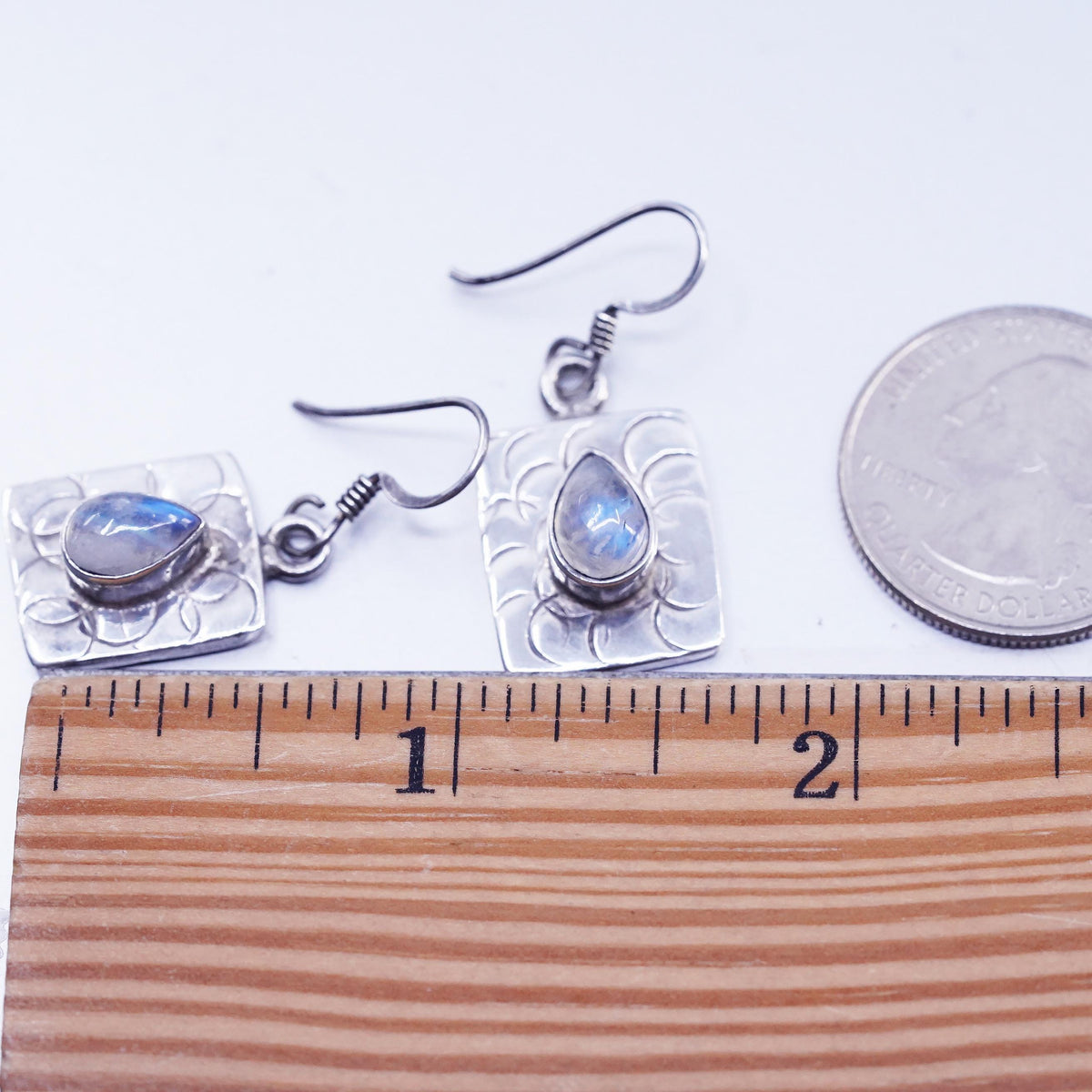 Vintage Sterling 925 silver textured square earrings teardrop moonstone