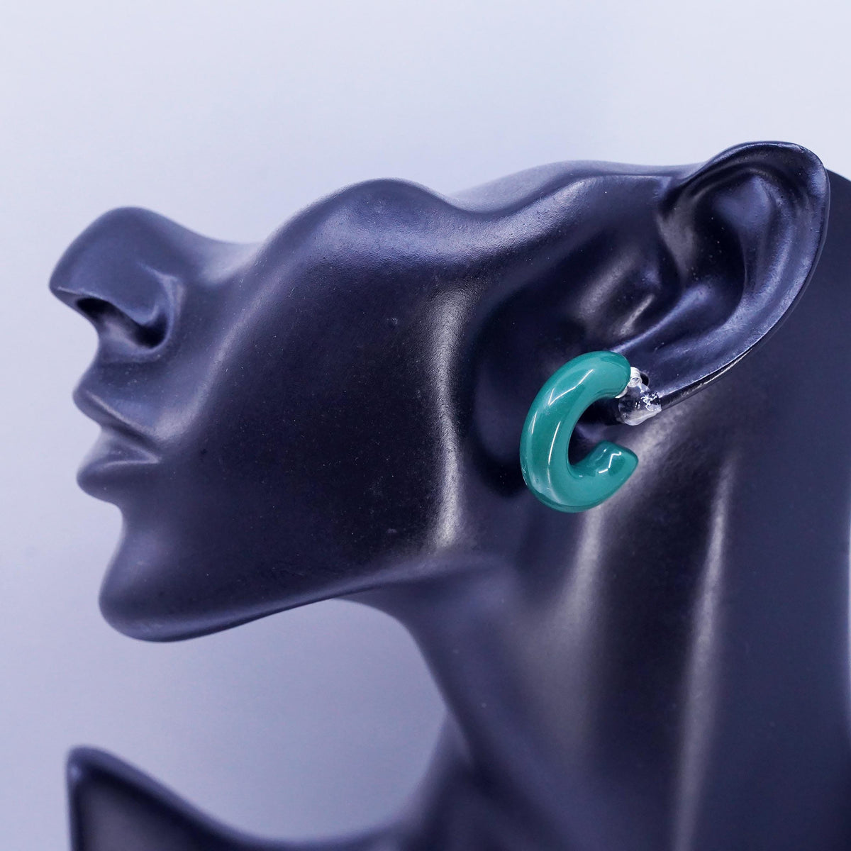 Vintage 925 Sterling Silver Handmade Hoop Earrings, huggie studs green resin