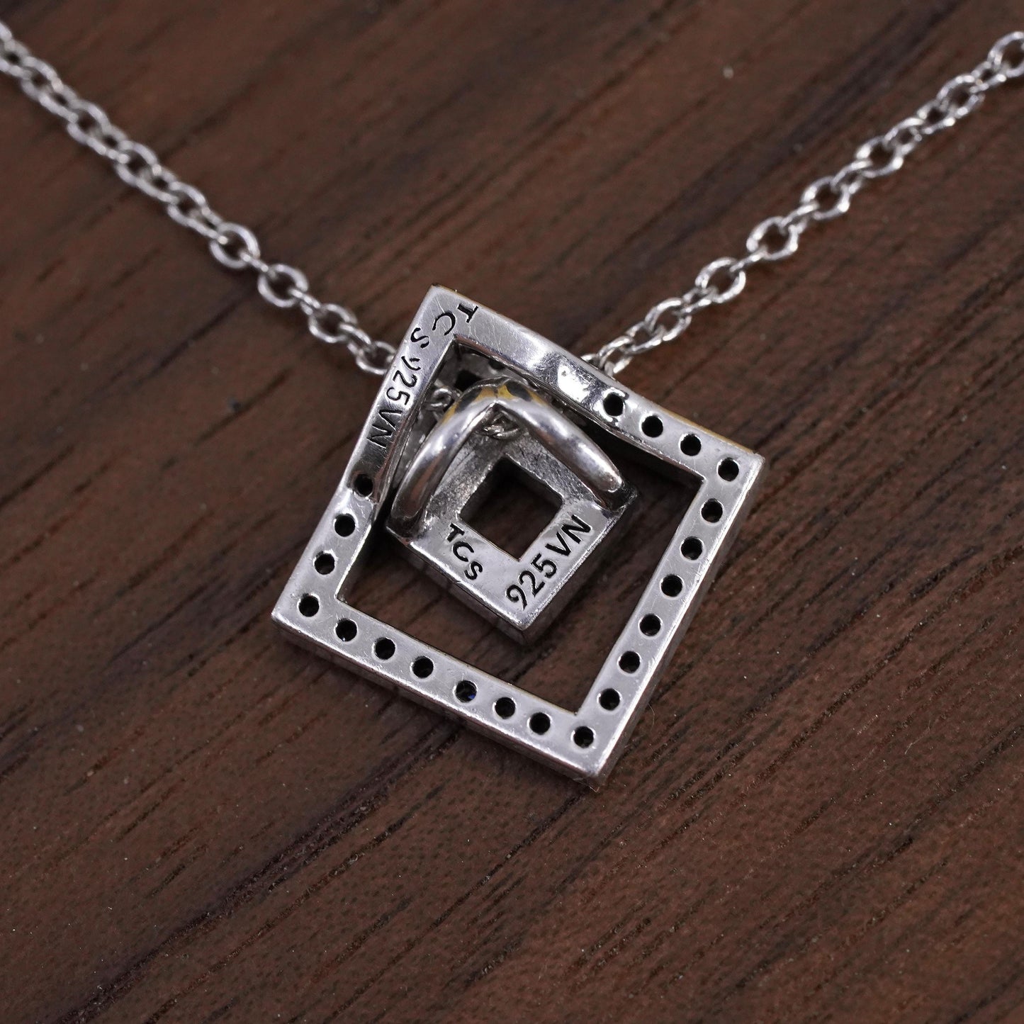 15+3” Vintage TCS Sterling 925 silver circle necklace double square cz pendant