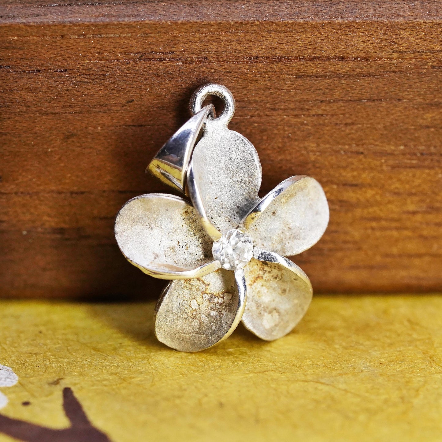 Vintage Sterling 925 silver handmade plumeria flower pendant and cz