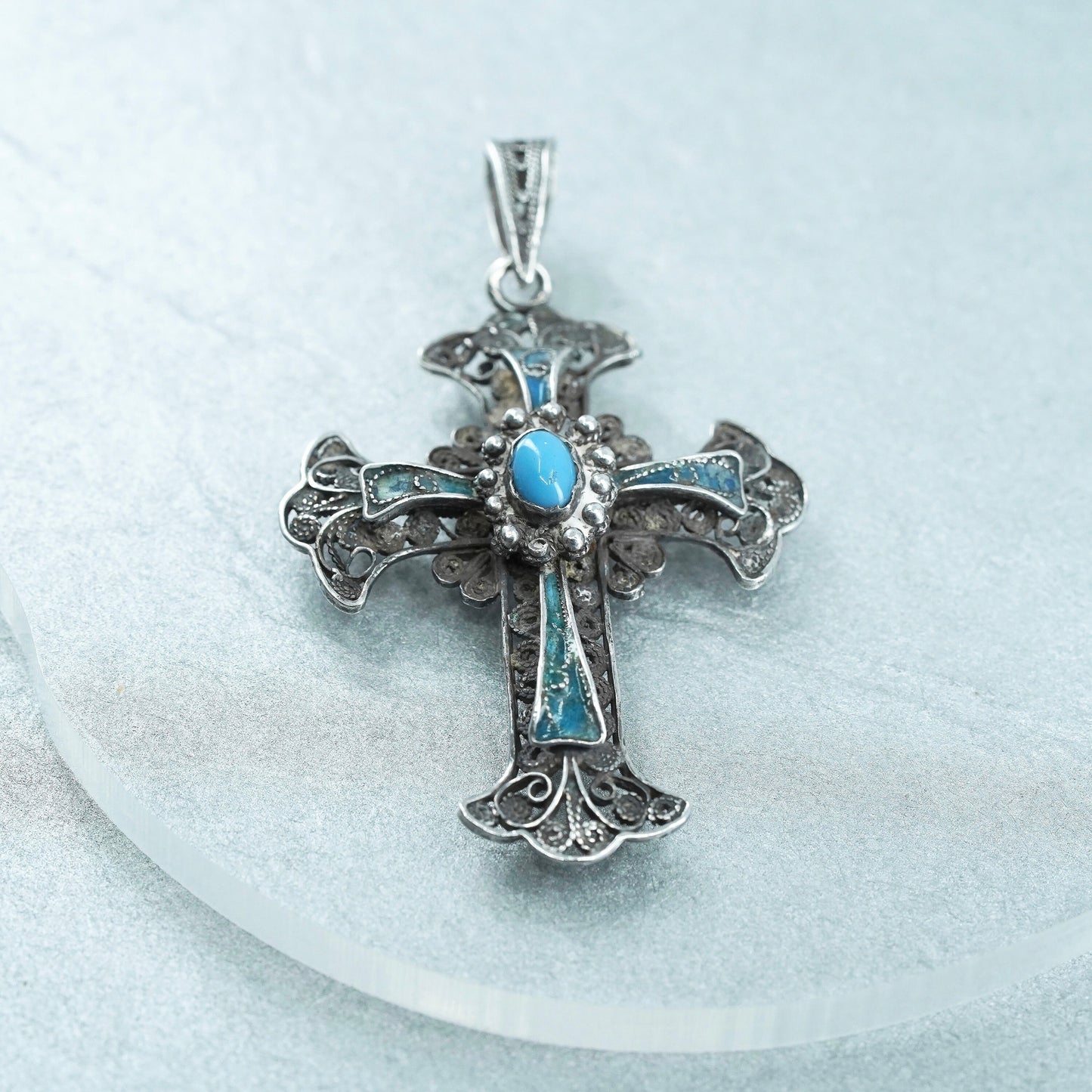 Vintage sterling 925 silver handmade filigree cross pendant with blue enamel