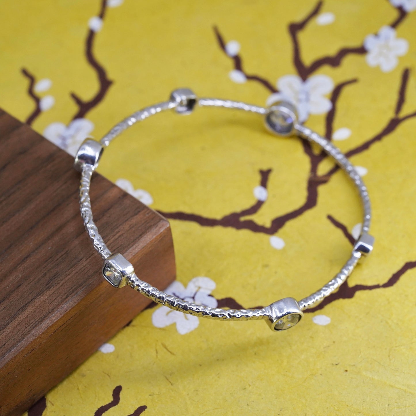 8", Vintage Milor Sterling silver bracelet, textured 925 bangle with sparkly cz