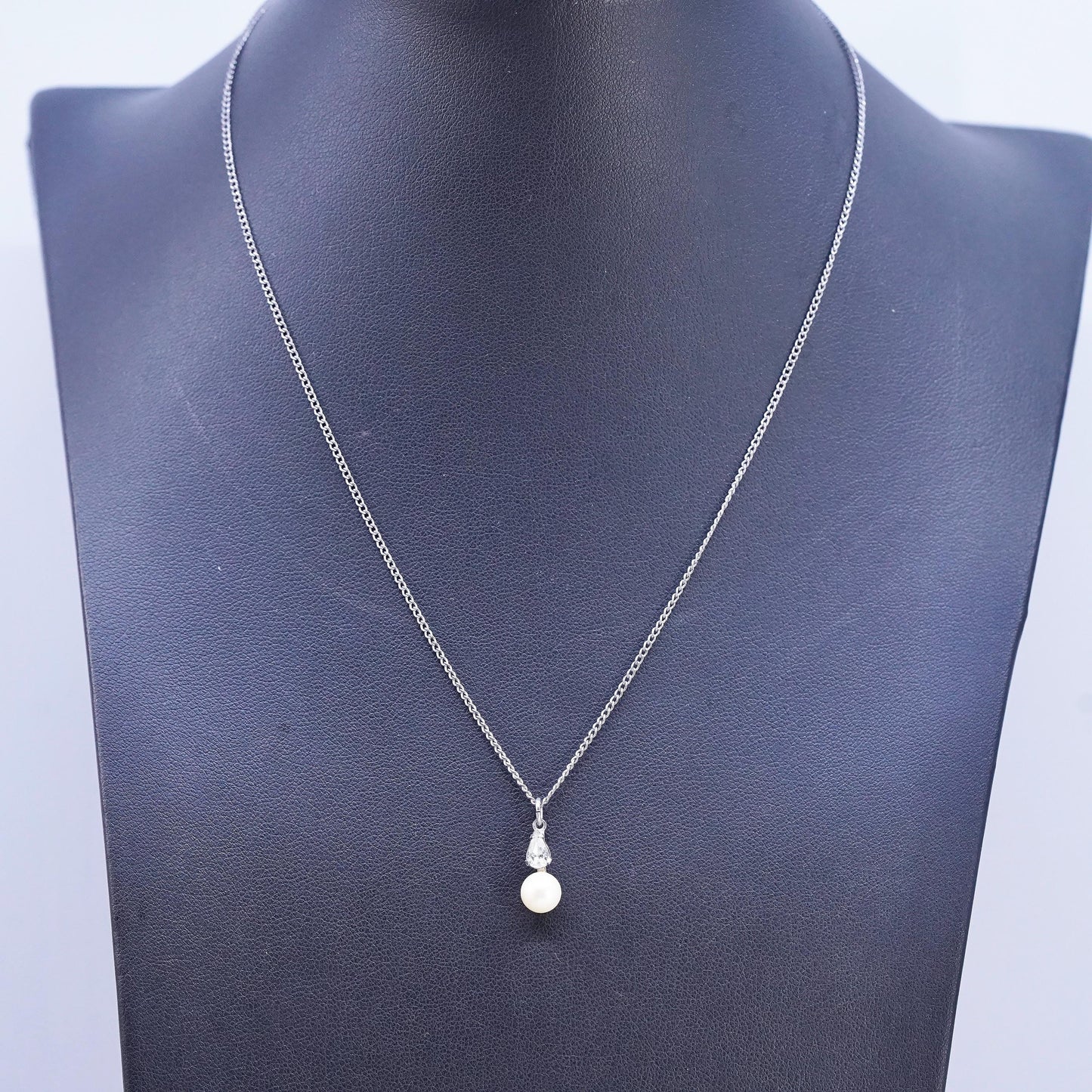 16", vintage Sterling silver necklace, 925 curb chain with pearl pendant and cz