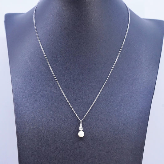 16", vintage Sterling silver necklace, 925 curb chain with pearl pendant and cz