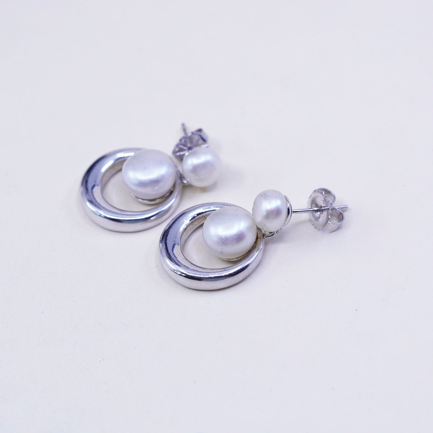 Vintage sterling silver handmade earrings, 925 circle dangles with pearl