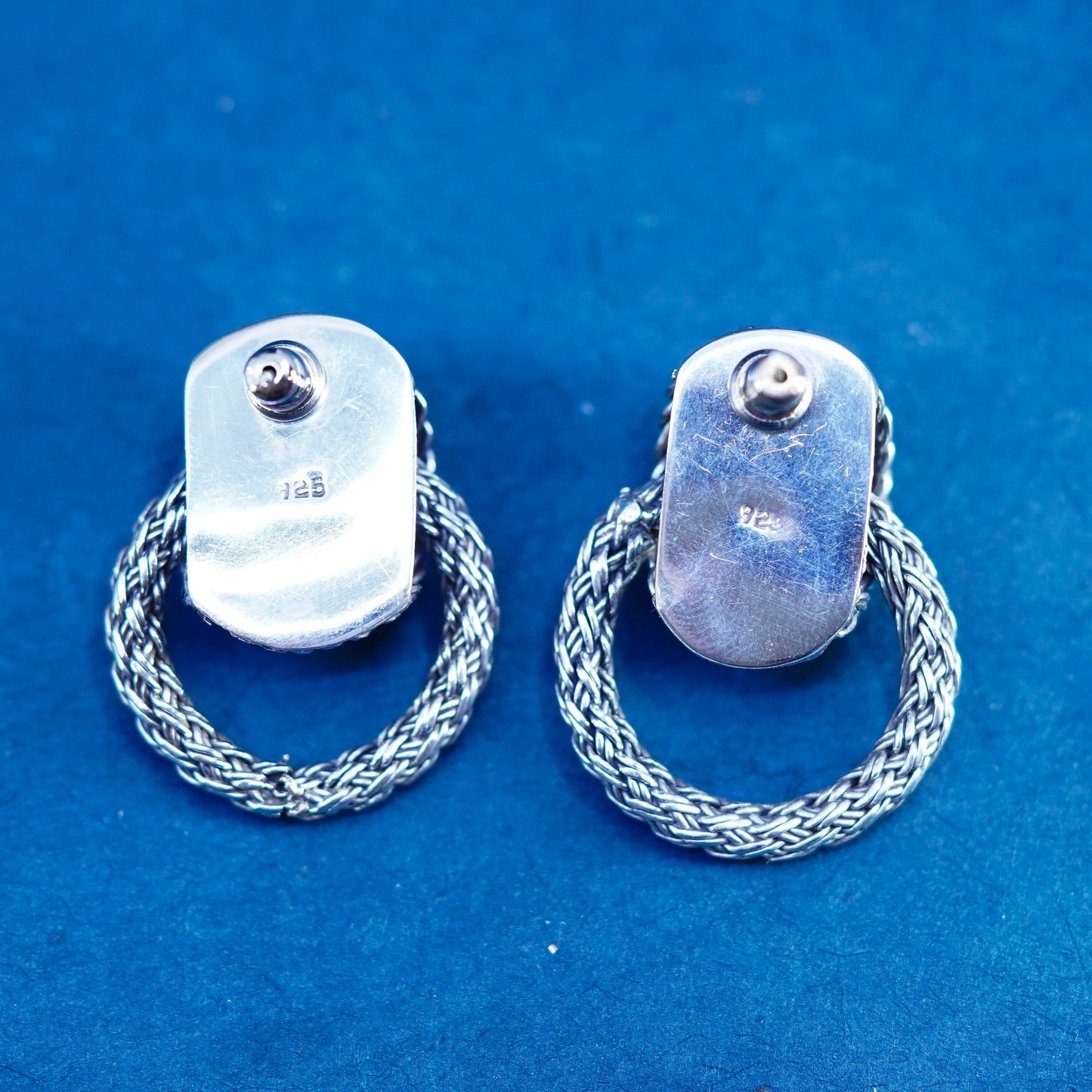 vintage Sterling silver handmade woven braided earrings, 925 studs with hoops