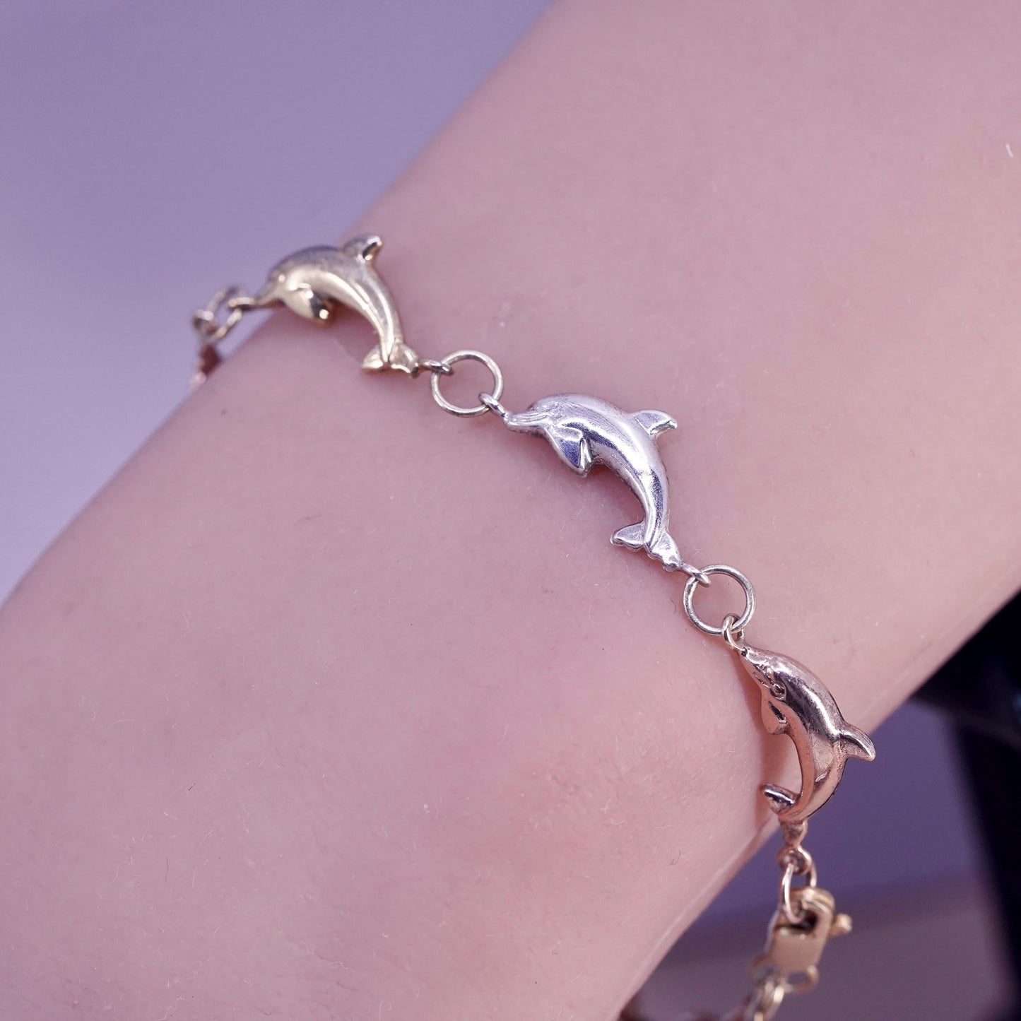 6.75”, vintage triple tone Sterling 925 silver dolphin link chain bracelet,