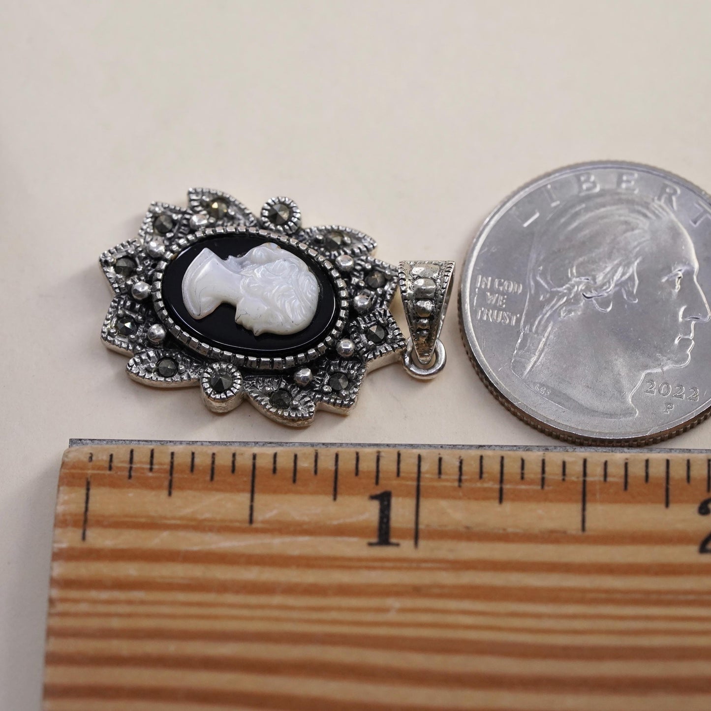 VTG Sterling 925 silver pendant mother of pearl cameo lady cluster marcasites