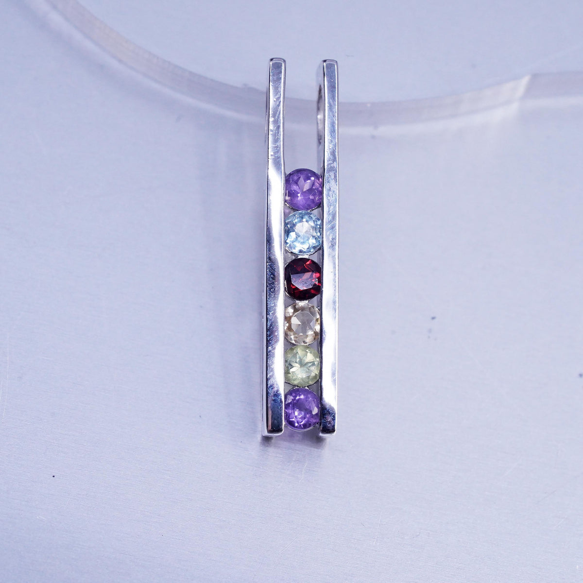 VTG Sterling Silver Multi Gemstone Bar Pendant, Amethyst Garnet Citrine Rainbow